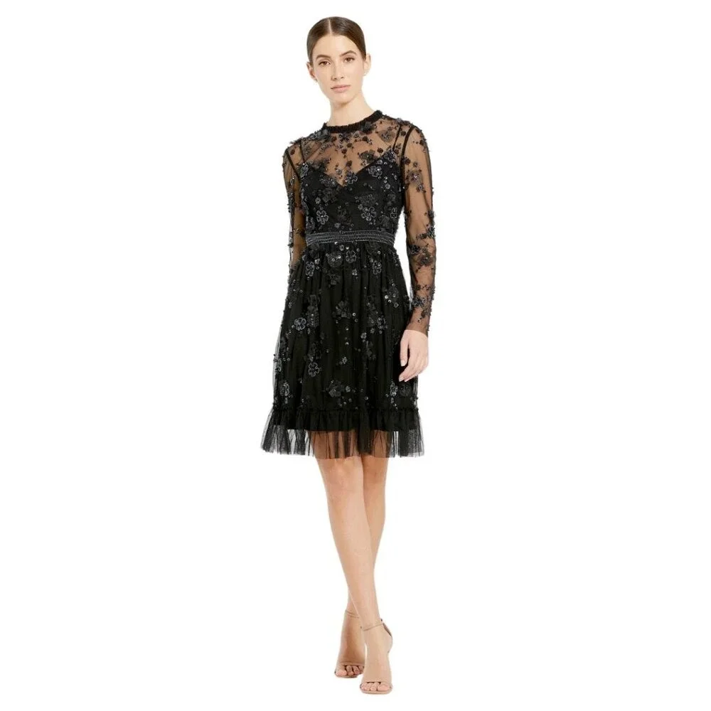 Mac Duggal Size 10 Black Floral Long Sleeve‎ Embellished Ruffle Formal Dress